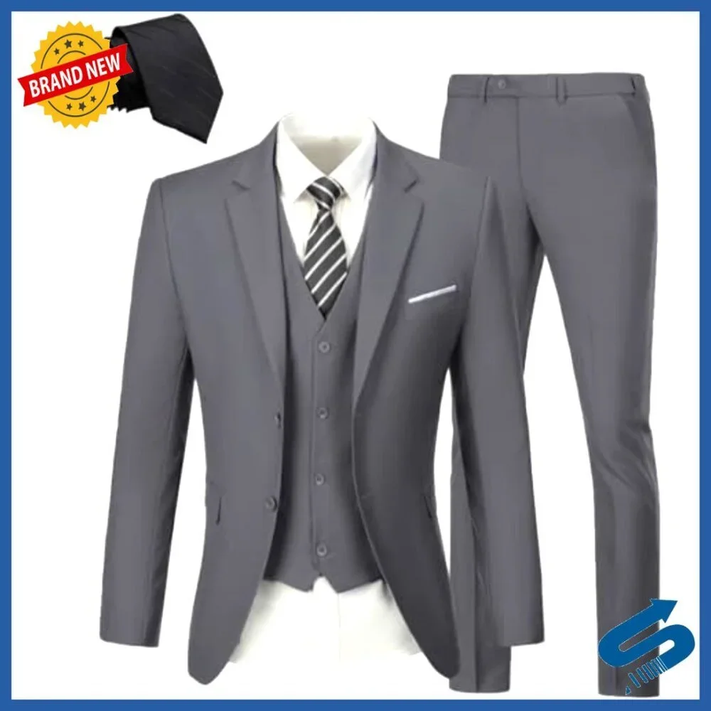Slim Fit 3-Piece Suit Set with Vest & Tie for Business Wedding Formal